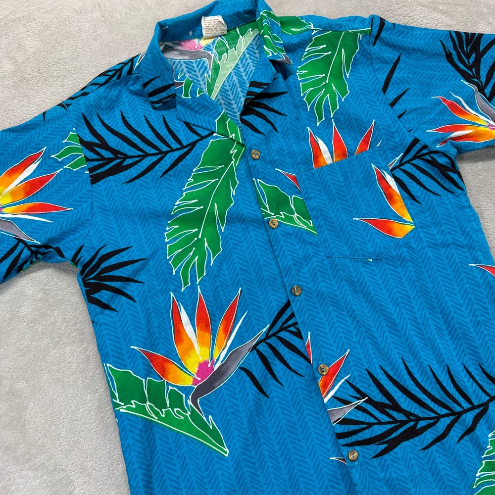 Vintage Barefoot in Paradise Hawaiian Shirt Men M Blue Bird of Paradise Tropical